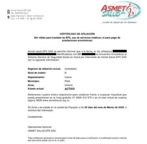 Descargar certificado de afiliación Asmet Salud EPS